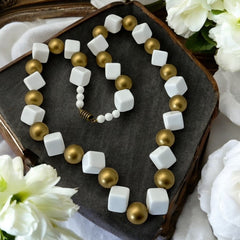 Vintage Chunky White Plastic Cubes & Gold Beads Statement Long Necklace - Early 1990s