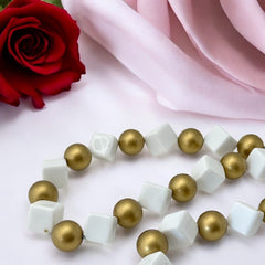 Vintage Chunky White Plastic Cubes & Gold Beads Statement Long Necklace - Early 1990s