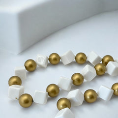 Vintage Chunky White Plastic Cubes & Gold Beads Statement Long Necklace - Early 1990s
