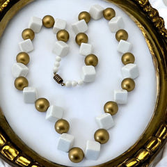 Vintage Chunky White Plastic Cubes & Gold Beads Statement Long Necklace - Early 1990s