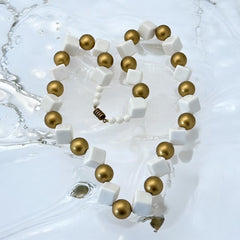 Vintage Chunky White Plastic Cubes & Gold Beads Statement Long Necklace - Early 1990s