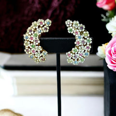 Vintage White Enamel Flowers Cluster and Pastel Rhinestones Earrings
