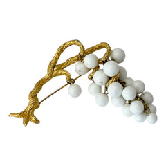 Vintage milk glass brooch featuring three single beads and a grape cluster hanging from textured gold-tone branches, possibly unsigned Marvella from the 1970s/80s, in very good condition with a whimsical and elegant design.