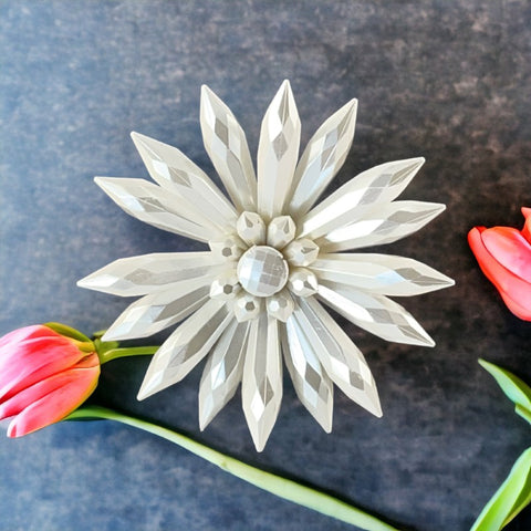 Vintage 1960s White Pearlized Faceted Plastic Statement Floral Brooch – Bold & Beautiful!