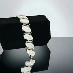 Vintage White Thermoset Plastic Ovals & Silver Tone Modernist Link Bracelet | 1950s Bright Lucite Statement Jewelry | Retro Fashion Gift