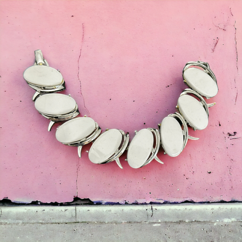 Vintage White Thermoset Plastic Ovals & Silver Tone Modernist Link Bracelet | 1950s Bright Lucite Statement Jewelry | Retro Fashion Gift