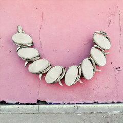 Vintage White Thermoset Plastic Ovals & Silver Tone Modernist Link Bracelet | 1950s Bright Lucite Statement Jewelry | Retro Fashion Gift