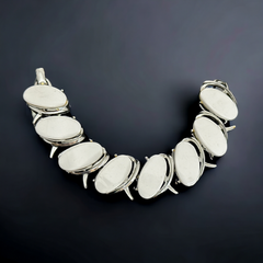 Vintage White Thermoset Plastic Ovals & Silver Tone Modernist Link Bracelet | 1950s Bright Lucite Statement Jewelry | Retro Fashion Gift