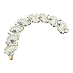 Vintage White Thermoset Plastic Ovals & Silver Tone Modernist Link Bracelet | 1950s Bright Lucite Statement Jewelry | Retro Fashion Gift