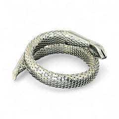 Vintage Whiting & Davis silver-tone mesh snake wrap bracelet with sculpted serpent head and tail, coiled design, adjustable fit, and detailed scale texture—symbolic of transformation and eternity.