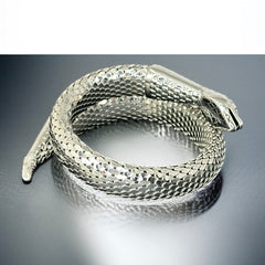 Vintage Whiting & Davis silver-tone mesh snake wrap bracelet with sculpted serpent head and tail, coiled design, adjustable fit, and detailed scale texture—symbolic of transformation and eternity.