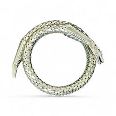 Vintage Whiting & Davis silver-tone mesh snake wrap bracelet with sculpted serpent head and tail, coiled design, adjustable fit, and detailed scale texture—symbolic of transformation and eternity.