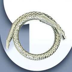 Vintage Whiting & Davis silver-tone mesh snake wrap bracelet with sculpted serpent head and tail, coiled design, adjustable fit, and detailed scale texture—symbolic of transformation and eternity.