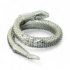 Vintage Whiting & Davis silver-tone mesh snake wrap bracelet with sculpted serpent head and tail, coiled design, adjustable fit, and detailed scale texture—symbolic of transformation and eternity.