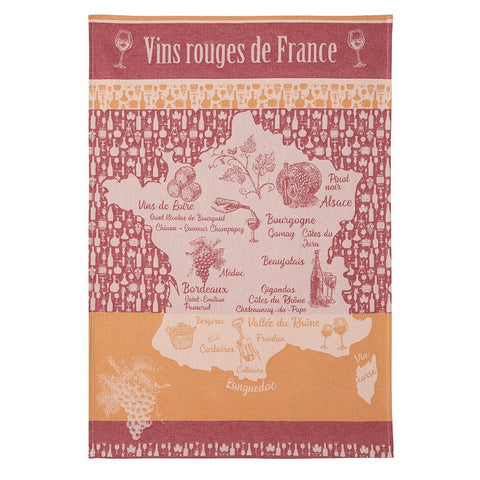 Decorative map of France highlighting famous red wine regions with grape and wine bottle illustrations. The towel features warm red and orange hues, listing iconic wines such as Bordeaux, Burgundy, Beaujolais, and more from regions like Loire, Bordeaux, Bourgogne, Rhône, Alsace, Languedoc-Roussillon, Provence, and Corsica. Text 'Vins rouges de France' displayed at the bottom.