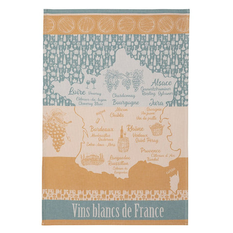 Decorative map of France showcasing famous white wine regions with grape and wine bottle illustrations. The towel features soft green and yellow-orange hues, listing iconic wines such as Vouvray, Chardonnay, Gewurztraminer, and more from regions like Loire, Bordeaux, Bourgogne, Alsace, Jura, Rhône, Provence, and Languedoc-Roussillon. Text 'Vins blancs de France' displayed at the bottom.