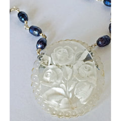 Vintage French Carved Lucite Brooch & Blue Freshwater Pearls Necklace