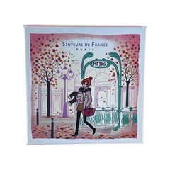 Paris Metro-themed gift box featuring an iconic design, containing four artisanal Marseille cube soaps in Rose, Vanilla, Fig, and Almond fragrances.