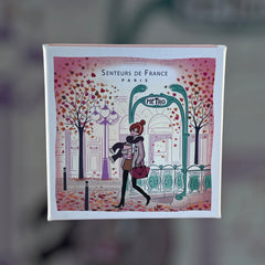 Paris Metro-themed gift box featuring an iconic design, containing four artisanal Marseille cube soaps in Rose, Vanilla, Fig, and Almond fragrances.