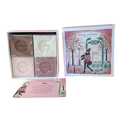 Paris Metro-themed gift box featuring an iconic design, containing four artisanal Marseille cube soaps in Rose, Vanilla, Fig, and Almond fragrances.