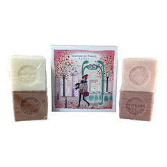 Paris Metro-themed gift box featuring an iconic design, containing four artisanal Marseille cube soaps in Rose, Vanilla, Fig, and Almond fragrances.