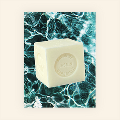 Mini Marseille soap with jasmine scent, crafted in France using traditional craftsmanship, 3.5 oz natural and biodegradable soap bar for sensitive skin.