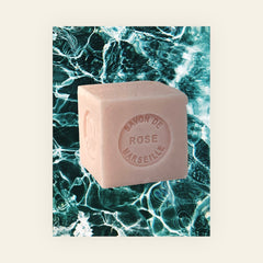 Mini Marseille soap with rose scent, crafted in France using natural olive oil and traditional craftsmanship, 3.5 oz biodegradable and hypoallergenic soap bar for sensitive skin
