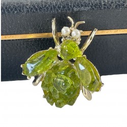 Vintage Peridot and Faux Pearls Light Gold Tone Flying Bug Brooch