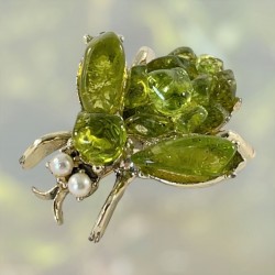 Vintage Peridot and Faux Pearls Light Gold Tone Flying Bug Brooch