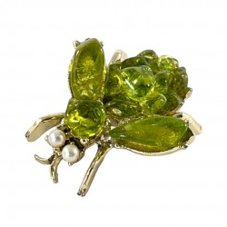 Vintage Peridot and Faux Pearls Light Gold Tone Flying Bug Brooch