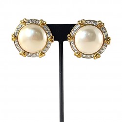 Vintage Landau Faux Mabe Pearl Pave Rhinestones Heart Gold Tone Clip-on Earrings