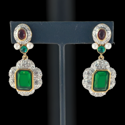 Vintage Landau Mogul Style Emerald Ruby & Pave Rhinestones Gold Tone Dangle Clip-on Earrings