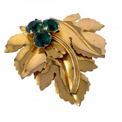 Vintage 1940's Emerald Rhinestones Gold Tone Flower & Leaves Large Brooch