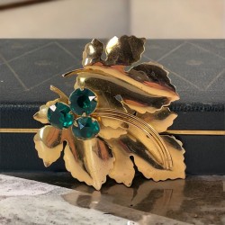 Vintage 1940's Emerald Rhinestones Gold Tone Flower & Leaves Large Brooch