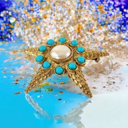 Vintage Starfish Faux Pearl & Turquoise Textured Gold Tone Brooch