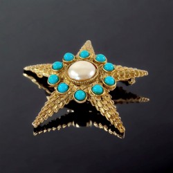 Vintage Starfish Faux Pearl & Turquoise Textured Gold Tone Brooch