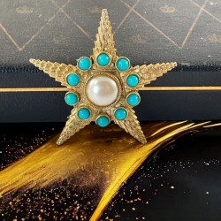 Vintage Starfish Faux Pearl & Turquoise Textured Gold Tone Brooch