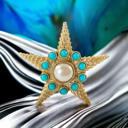 Vintage Starfish Faux Pearl & Turquoise Textured Gold Tone Brooch