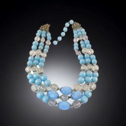 Vintage Light Blue Moonglow & Clear Faceted Plastic 3-Strand Necklace