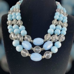 Vintage Light Blue Moonglow & Clear Faceted Plastic 3-Strand Necklace