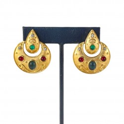 Vintage Etruscan Style Multicolor Cabochons Brushed Gold Tone Crescent Dangle Clip-on Earrings