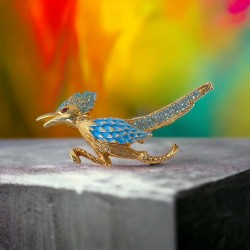 Vintage Blue Enamel & Blue Rhinestones Roadrunner Textured Gold Tone Brooch