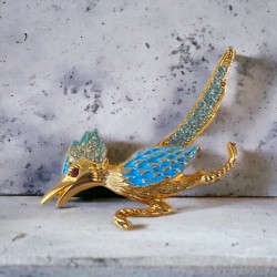 Vintage Blue Enamel & Blue Rhinestones Roadrunner Textured Gold Tone Brooch