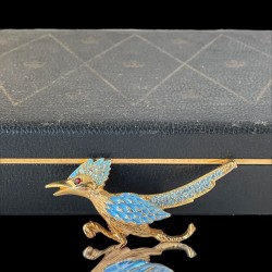 Vintage Blue Enamel & Blue Rhinestones Roadrunner Textured Gold Tone Brooch