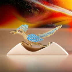 Vintage Blue Enamel & Blue Rhinestones Roadrunner Textured Gold Tone Brooch