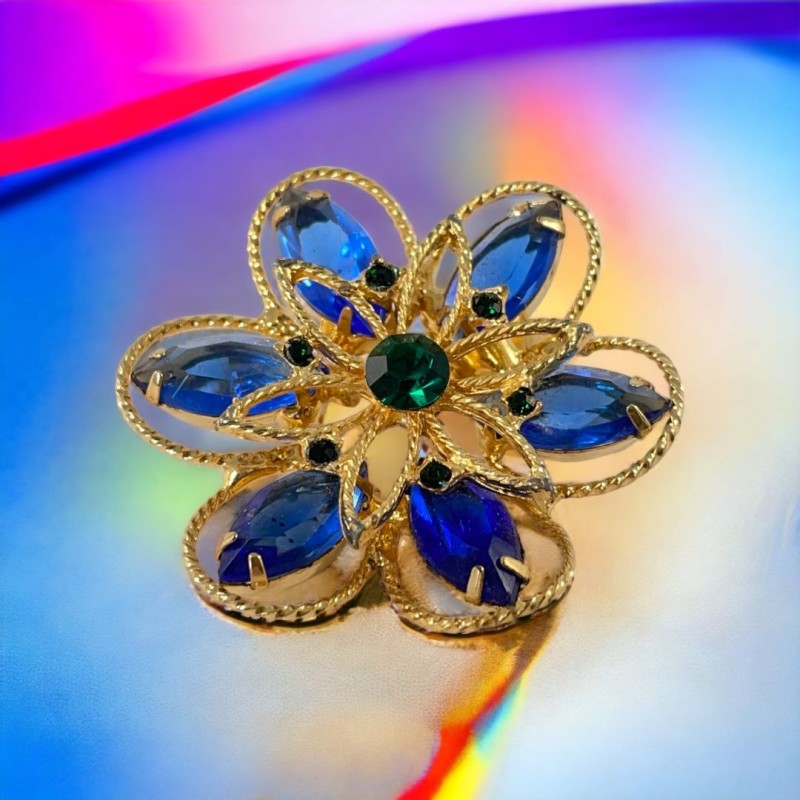 Vintage Blue & Emerald Rhinestones Gold Tone Floral Brooch