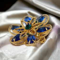 Vintage Blue & Emerald Rhinestones Gold Tone Floral Brooch