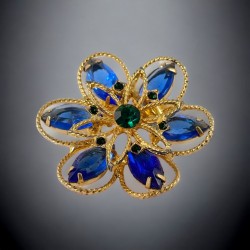 Vintage Blue & Emerald Rhinestones Gold Tone Floral Brooch