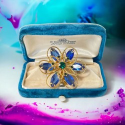 Vintage Blue & Emerald Rhinestones Gold Tone Floral Brooch