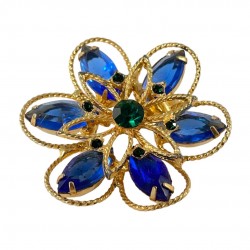 Vintage Blue & Emerald Rhinestones Gold Tone Floral Brooch